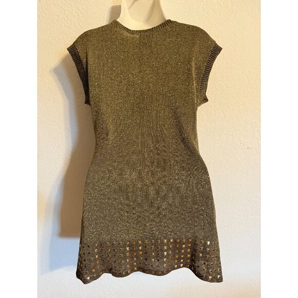 dots brand Gold Metallic Knit V-Neck Sleeveless Tunic Top With Studded Hemline S - Picture 2 of 9